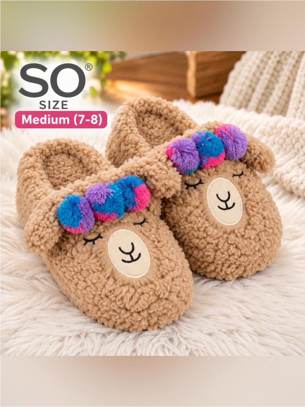 SO Llama Platform Clog Slippers Medium 7-8 Sherpa Faux Fur Pom Pom Tan